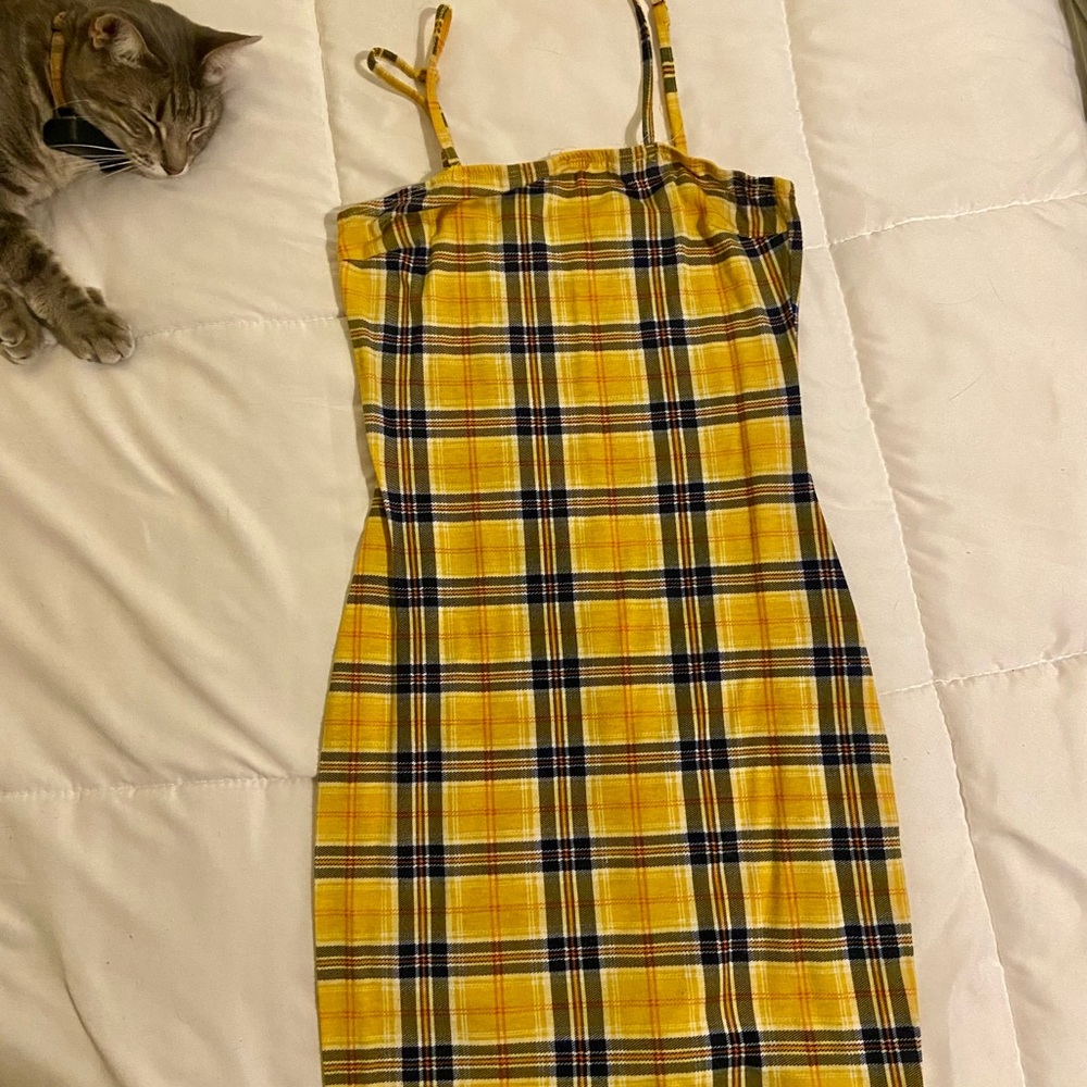 SHEIN Yellow and Black Plaid Midi Dress
